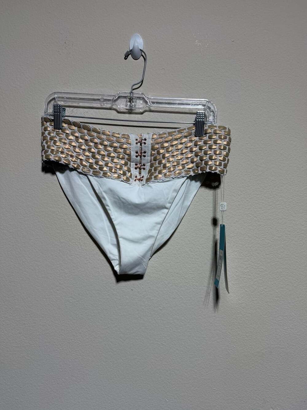 Beach Bunny Kira High Waist Bikini Bottom in White/Gold